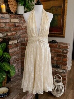 David Meister Silk Blend Halter Dress Cream Metallic Cocktail Wedding Guest
